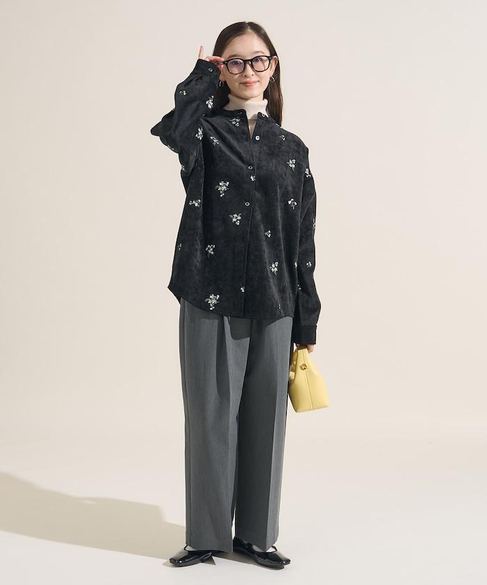 仿天鵝絨平紋燈芯絨小花圖案襯衫＜可搭配套裝＞