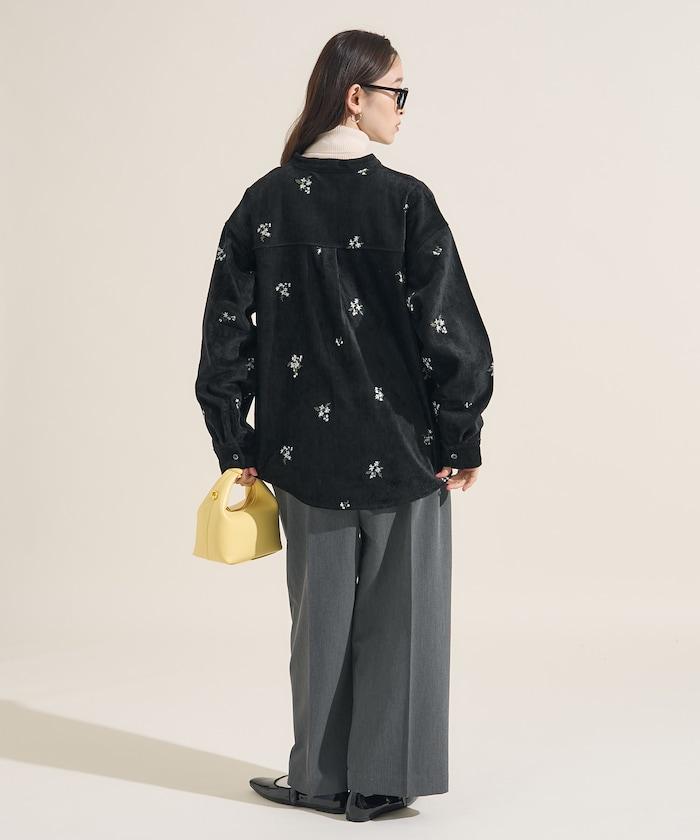 仿天鵝絨平紋燈芯絨小花圖案襯衫＜可搭配套裝＞