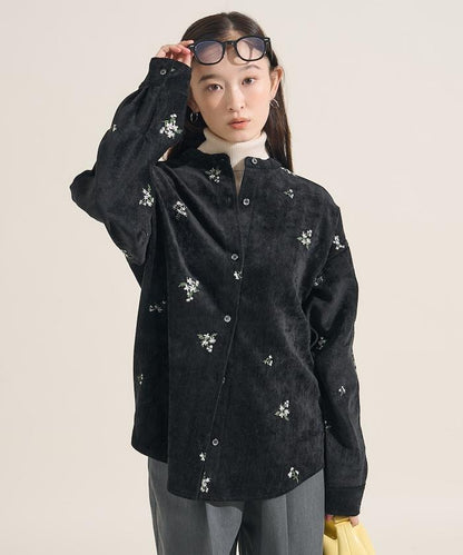 仿天鵝絨平紋燈芯絨小花圖案襯衫＜可搭配套裝＞