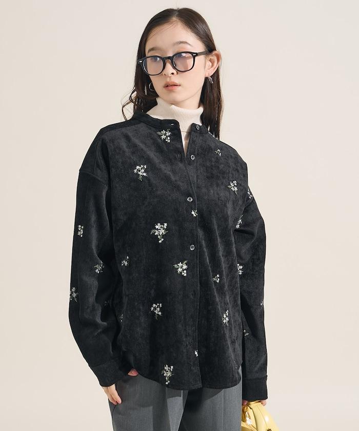 仿天鵝絨平紋燈芯絨小花圖案襯衫＜可搭配套裝＞