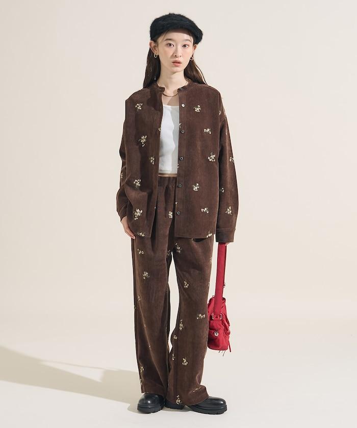 仿天鵝絨平紋燈芯絨小花圖案休閒褲＜可搭配套裝＞