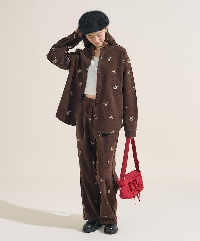 仿天鵝絨平紋燈芯絨小花圖案襯衫＜可搭配套裝＞