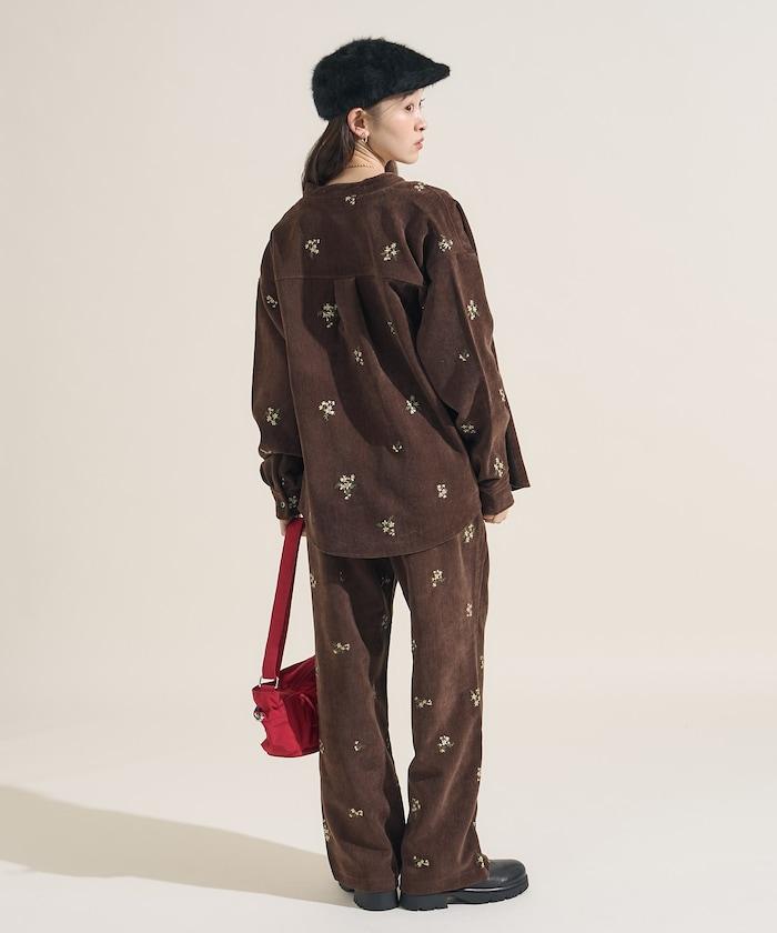 仿天鵝絨平紋燈芯絨小花圖案襯衫＜可搭配套裝＞