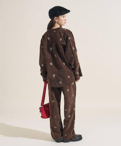 仿天鵝絨平紋燈芯絨小花圖案休閒褲＜可搭配套裝＞