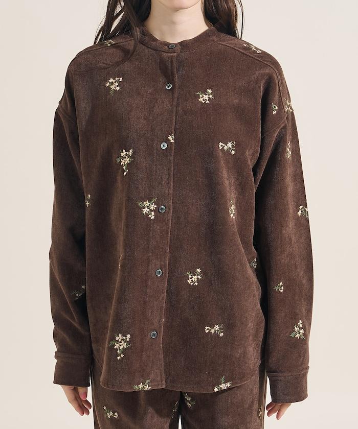 仿天鵝絨平紋燈芯絨小花圖案襯衫＜可搭配套裝＞