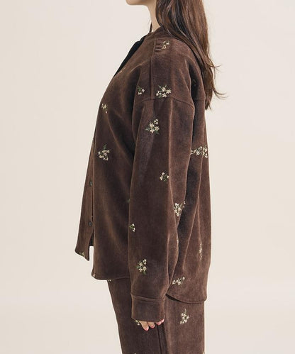 仿天鵝絨平紋燈芯絨小花圖案襯衫＜可搭配套裝＞