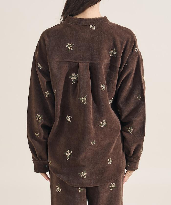 仿天鵝絨平紋燈芯絨小花圖案襯衫＜可搭配套裝＞