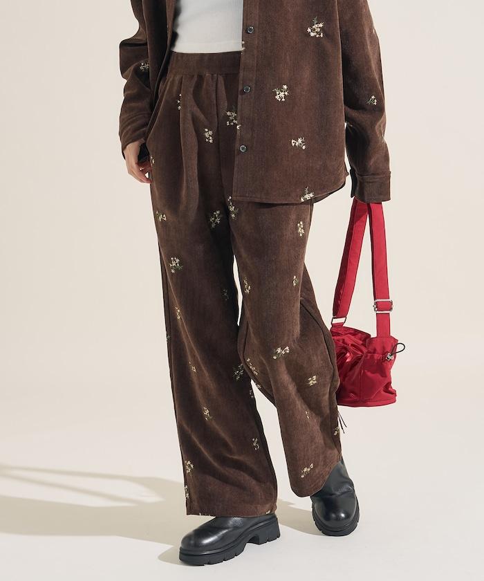 仿天鵝絨平紋燈芯絨小花圖案休閒褲＜可搭配套裝＞