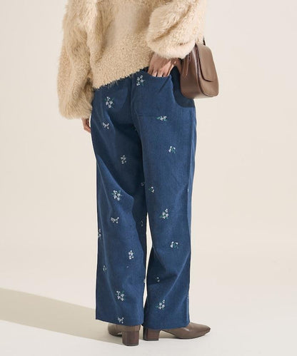 仿天鵝絨平紋燈芯絨小花圖案休閒褲＜可搭配套裝＞