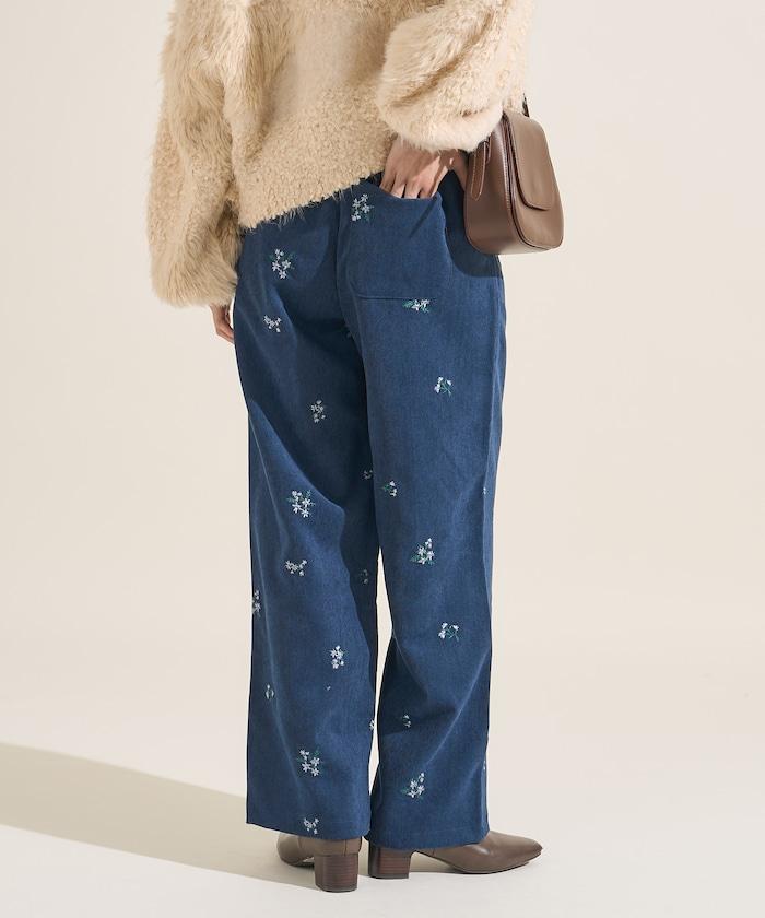 仿天鵝絨平紋燈芯絨小花圖案休閒褲＜可搭配套裝＞