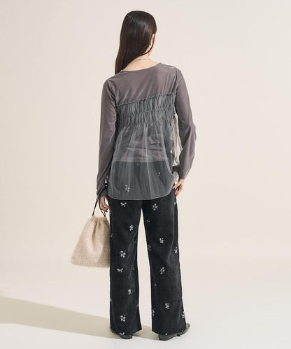 天鵝絨運動服拼接網紗上衣