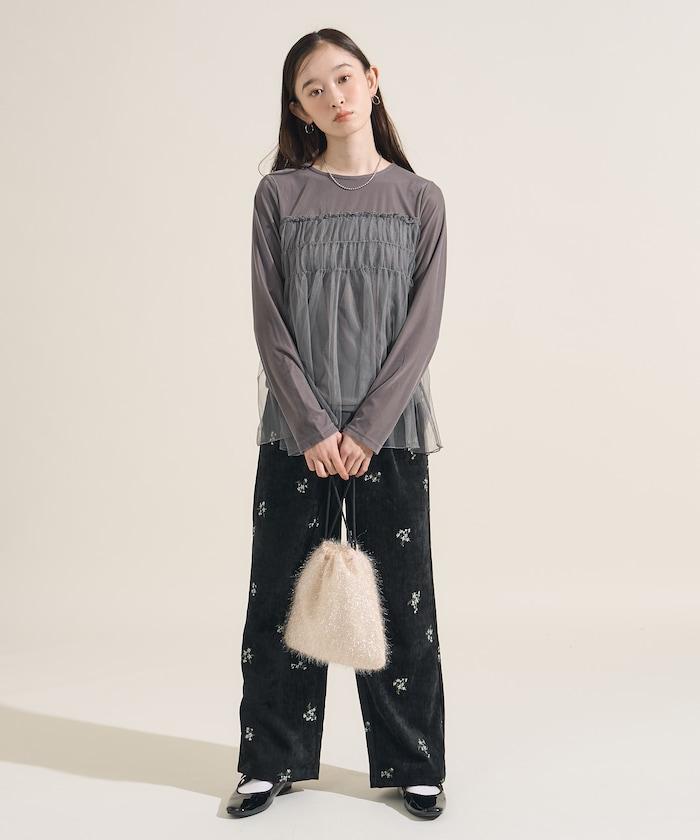 仿天鵝絨平紋燈芯絨小花圖案休閒褲＜可搭配套裝＞