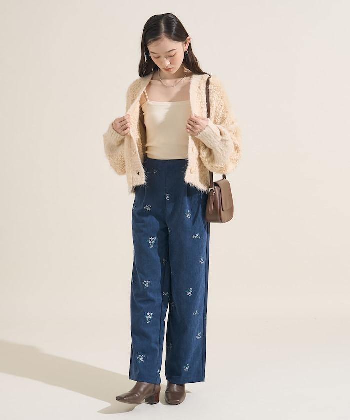 仿天鵝絨平紋燈芯絨小花圖案休閒褲＜可搭配套裝＞