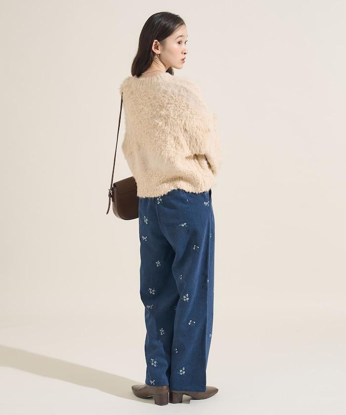 仿天鵝絨平紋燈芯絨小花圖案休閒褲＜可搭配套裝＞