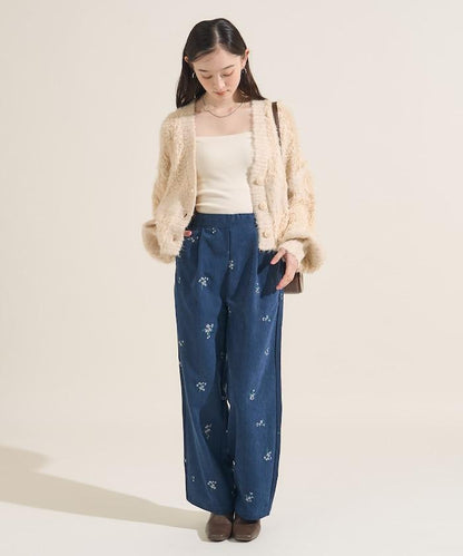 仿天鵝絨平紋燈芯絨小花圖案休閒褲＜可搭配套裝＞