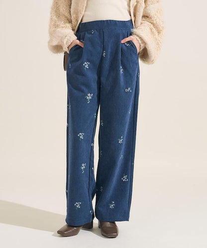 仿天鵝絨平紋燈芯絨小花圖案休閒褲＜可搭配套裝＞