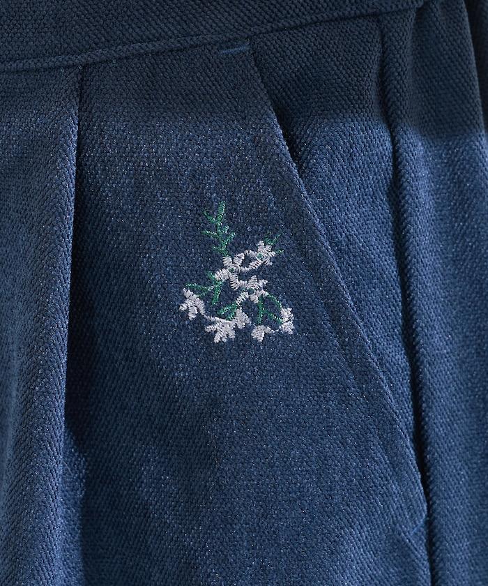 仿天鵝絨平紋燈芯絨小花圖案休閒褲＜可搭配套裝＞