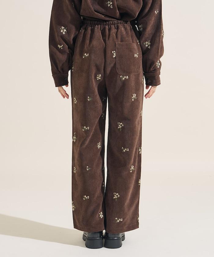 仿天鵝絨平紋燈芯絨小花圖案休閒褲＜可搭配套裝＞