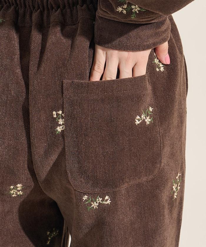 仿天鵝絨平紋燈芯絨小花圖案休閒褲＜可搭配套裝＞