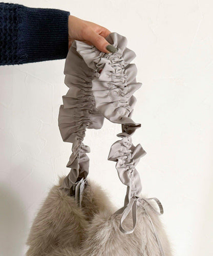 褶皺手柄仿皮草單肩包