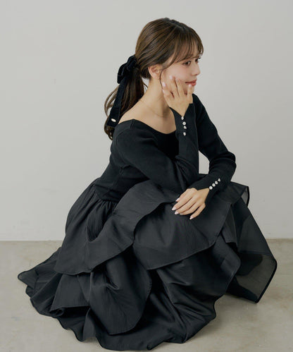 【SALON by Chico】褶皺網紗拼接長款連衣裙