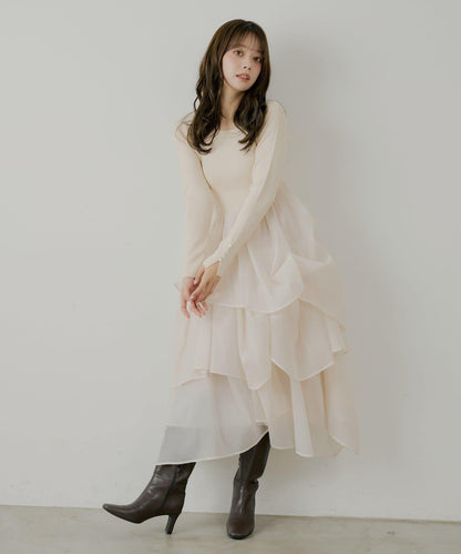 【SALON by Chico】褶皺網紗拼接長款連衣裙