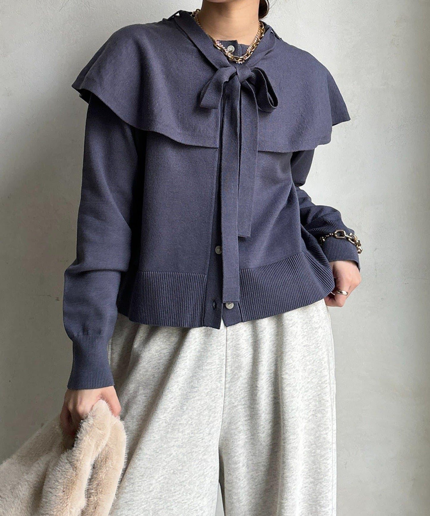 棒領帶披肩開衫