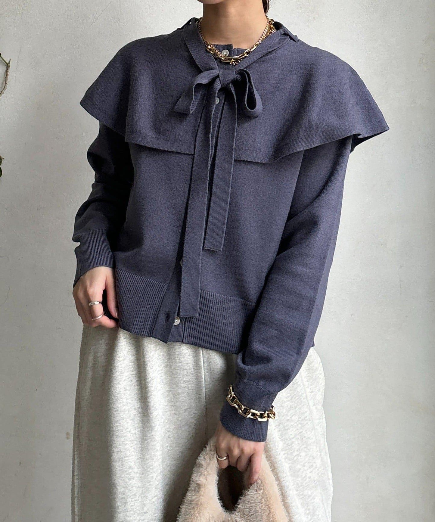 棒領帶披肩開衫