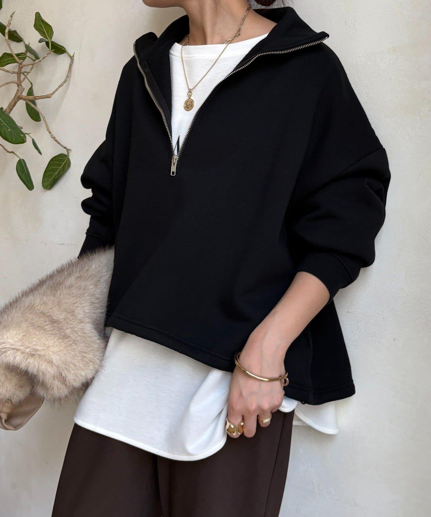 加絨抽繩半拉鍊套頭衫
