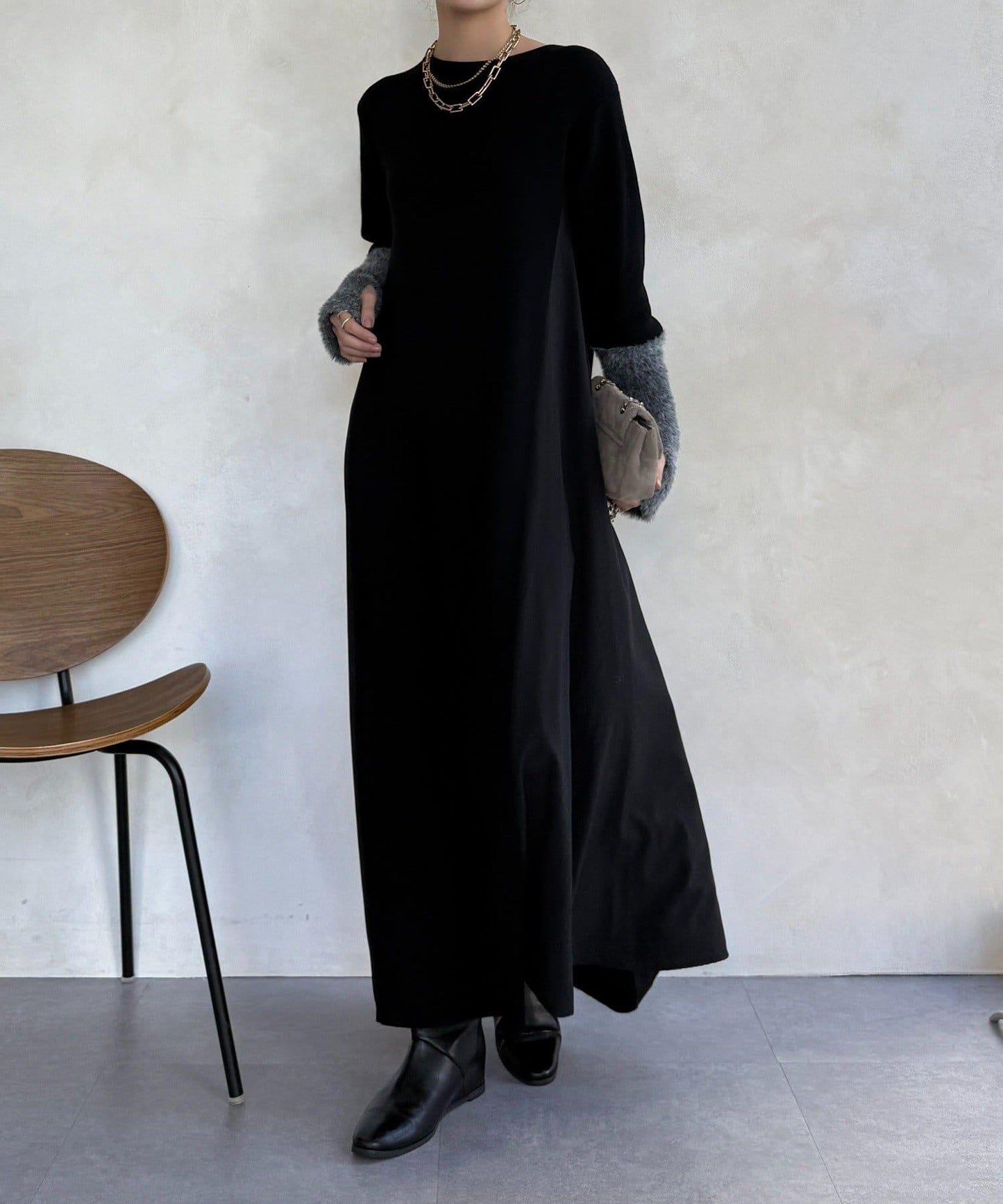 拼接雪紡長袖連衣裙