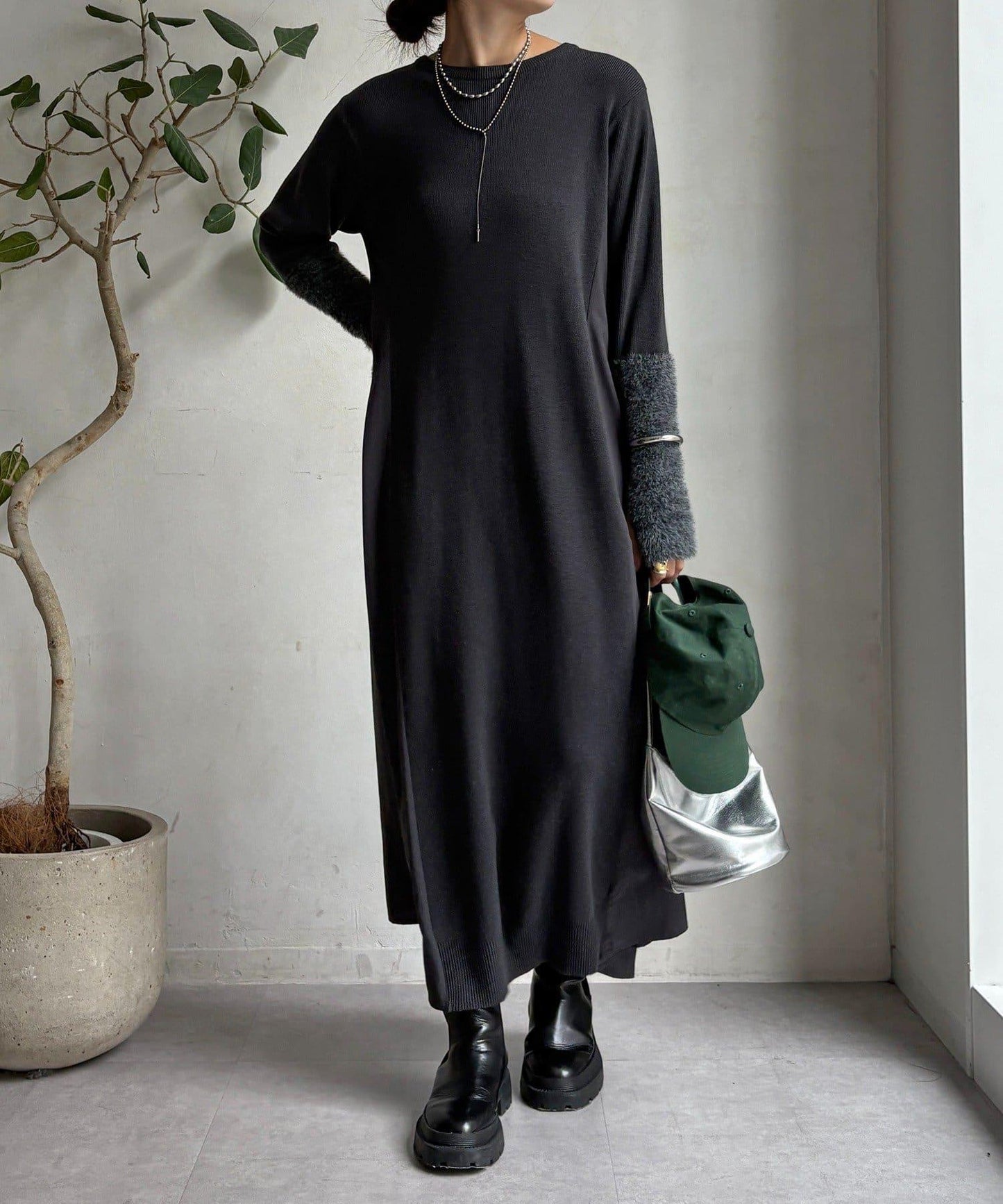 拼接雪紡長袖連衣裙