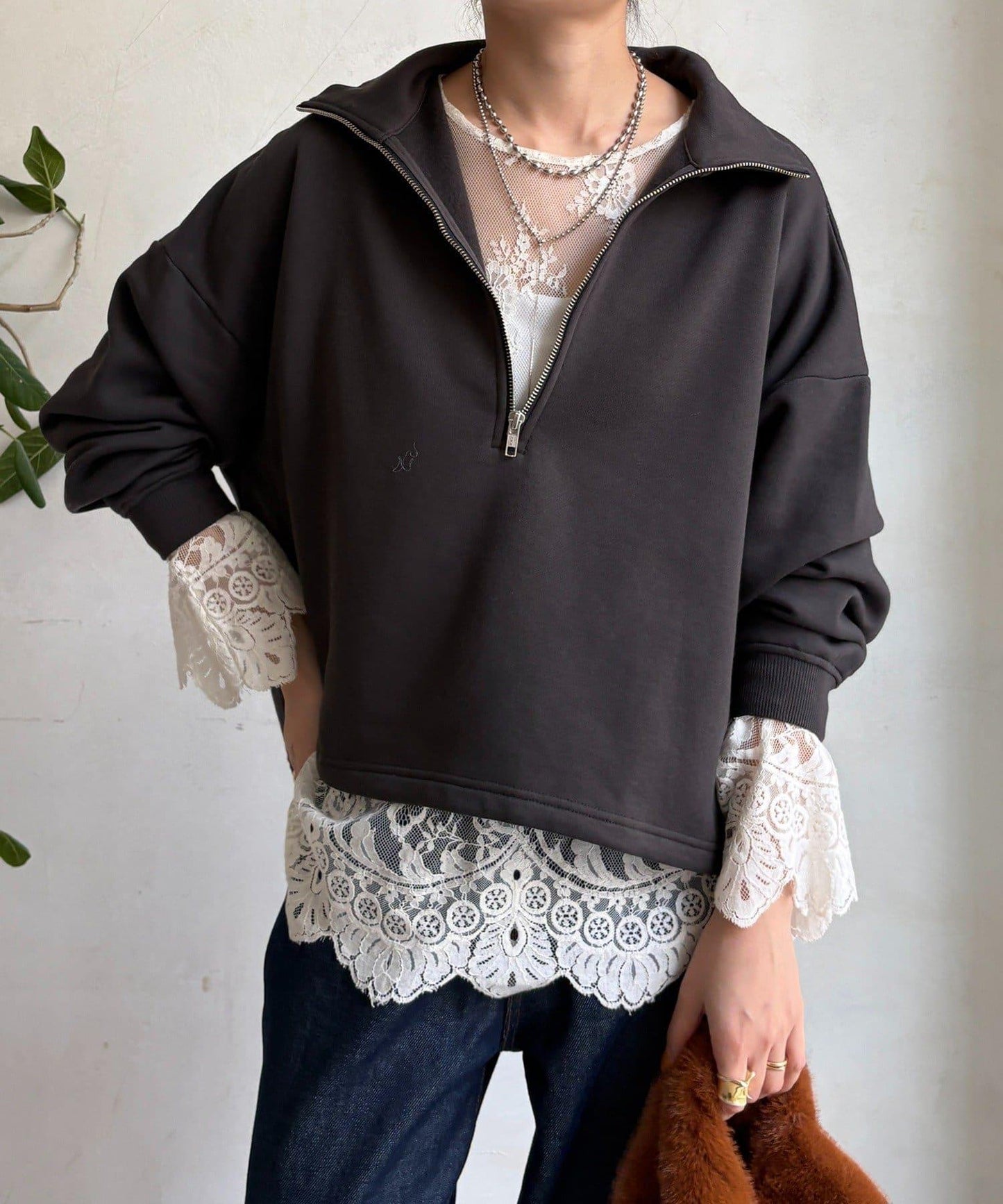 加絨抽繩半拉鍊套頭衫