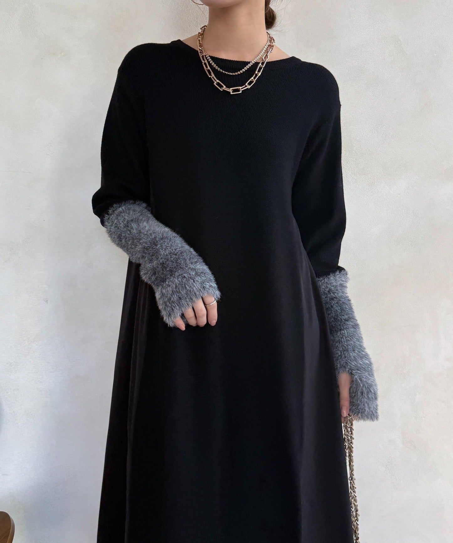 拼接雪紡長袖連衣裙