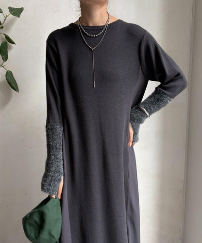 拼接雪紡長袖連衣裙