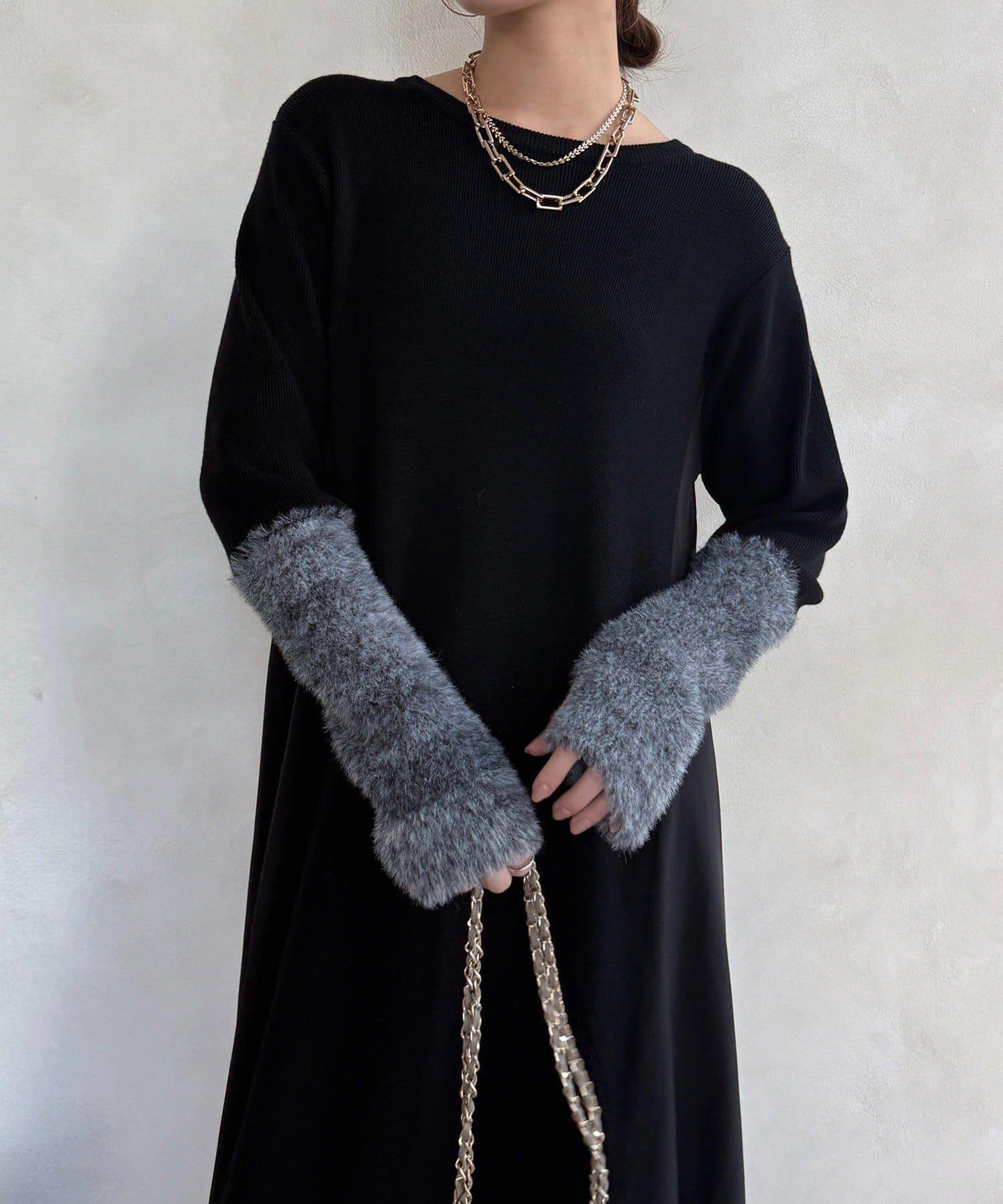 拼接雪紡長袖連衣裙