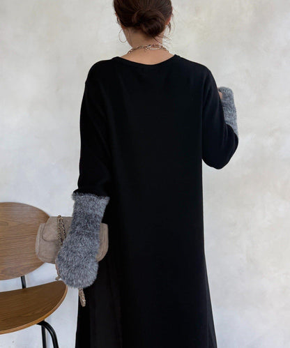 拼接雪紡長袖連衣裙