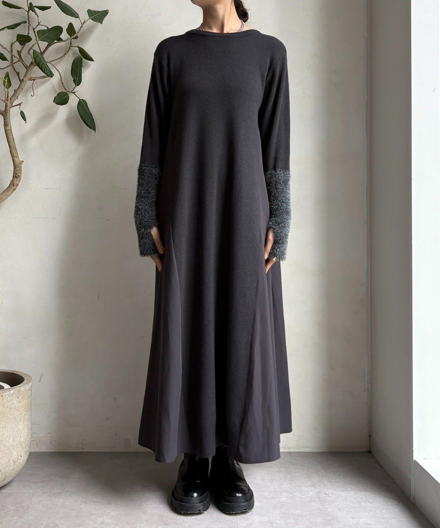 拼接雪紡長袖連衣裙