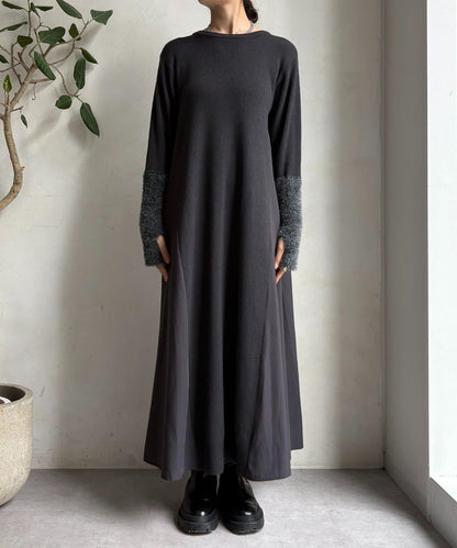 拼接雪紡長袖連衣裙