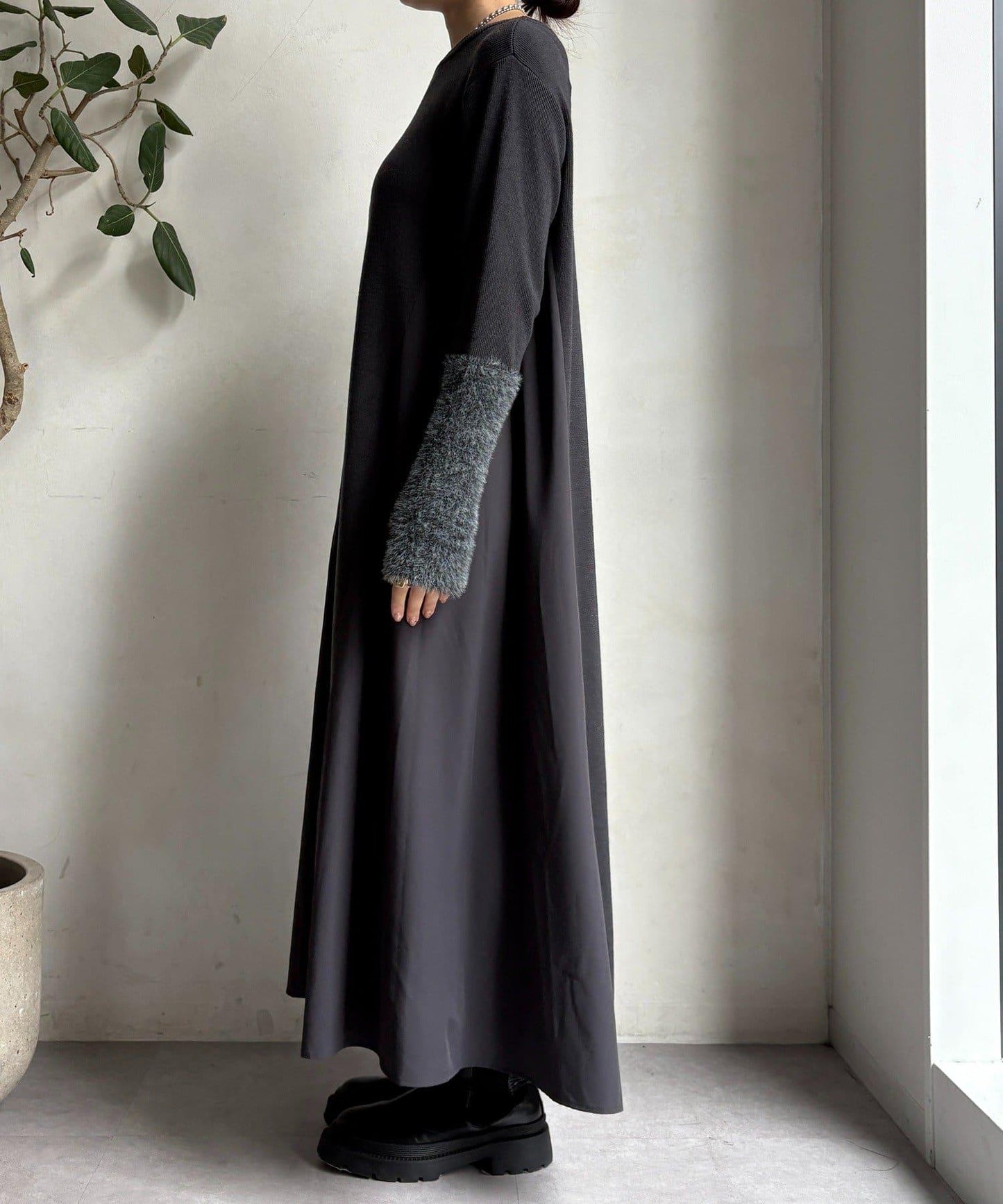 拼接雪紡長袖連衣裙