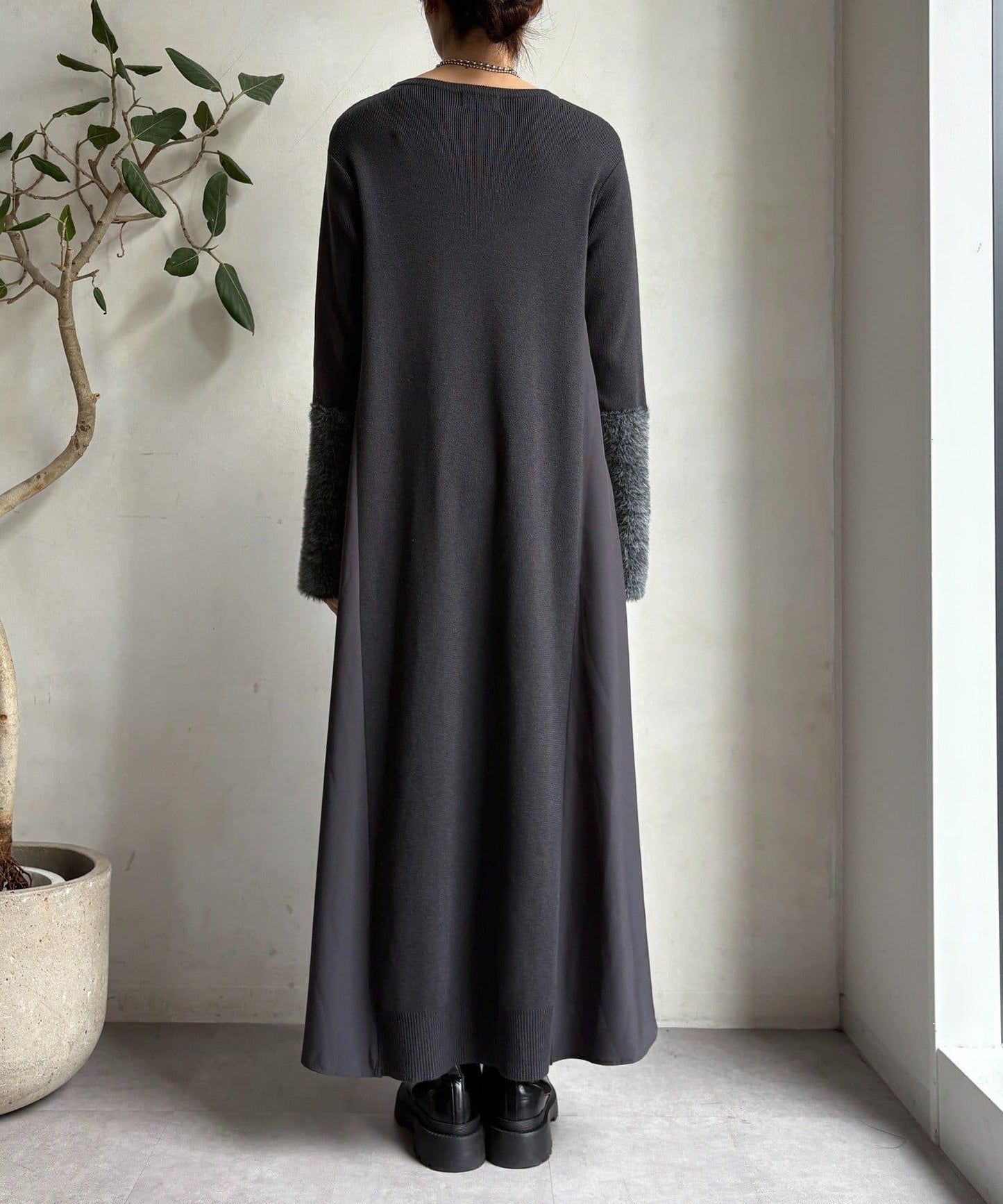 拼接雪紡長袖連衣裙