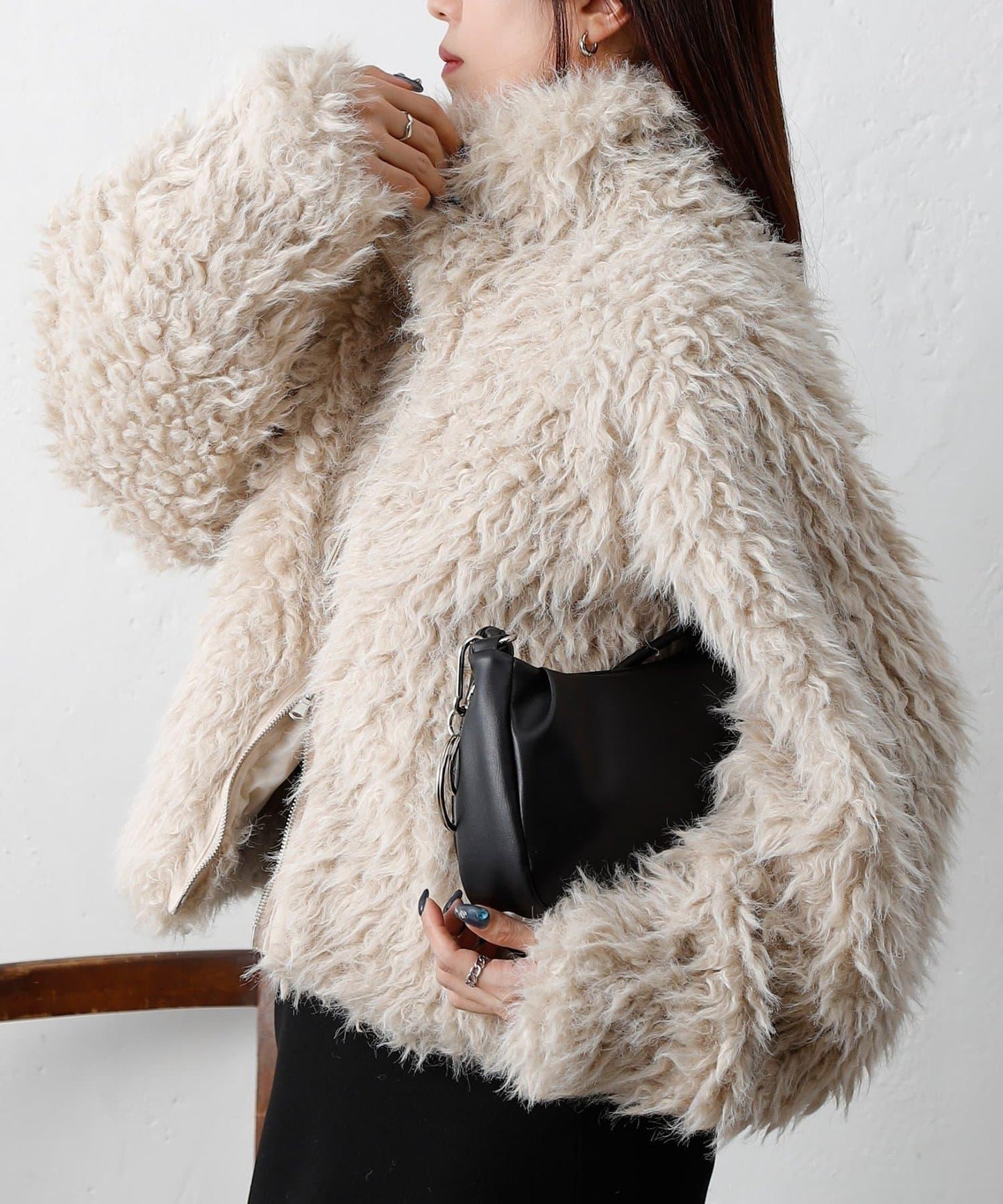 混合羊毛皮毛一體短款夾克