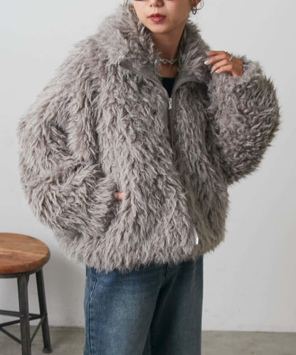 混合羊毛皮毛一體短款夾克