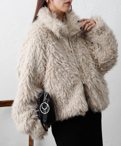 混合羊毛皮毛一體短款夾克