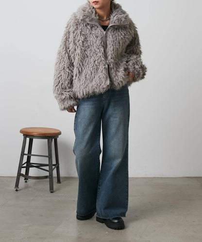 混合羊毛皮毛一體短款夾克