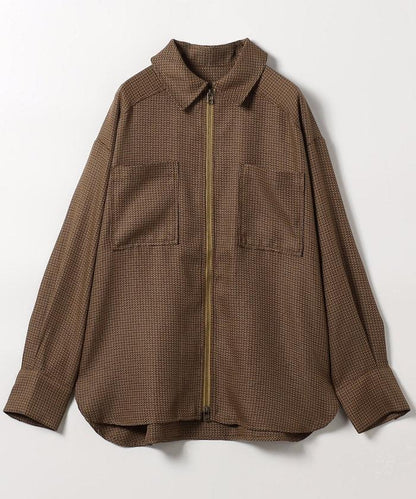 混色格紋拉鍊襯衫