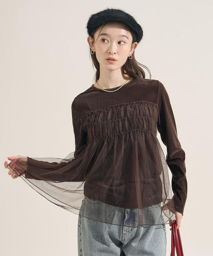 天鵝絨運動服拼接網紗上衣