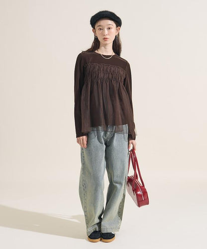 天鵝絨運動服拼接網紗上衣