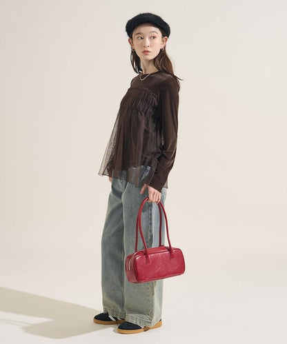 天鵝絨運動服拼接網紗上衣