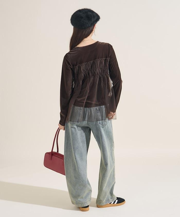 天鵝絨運動服拼接網紗上衣