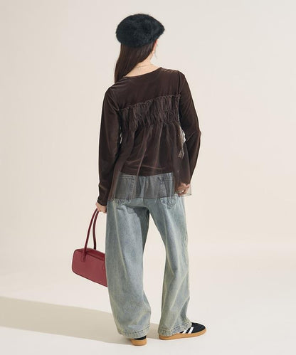 天鵝絨運動服拼接網紗上衣